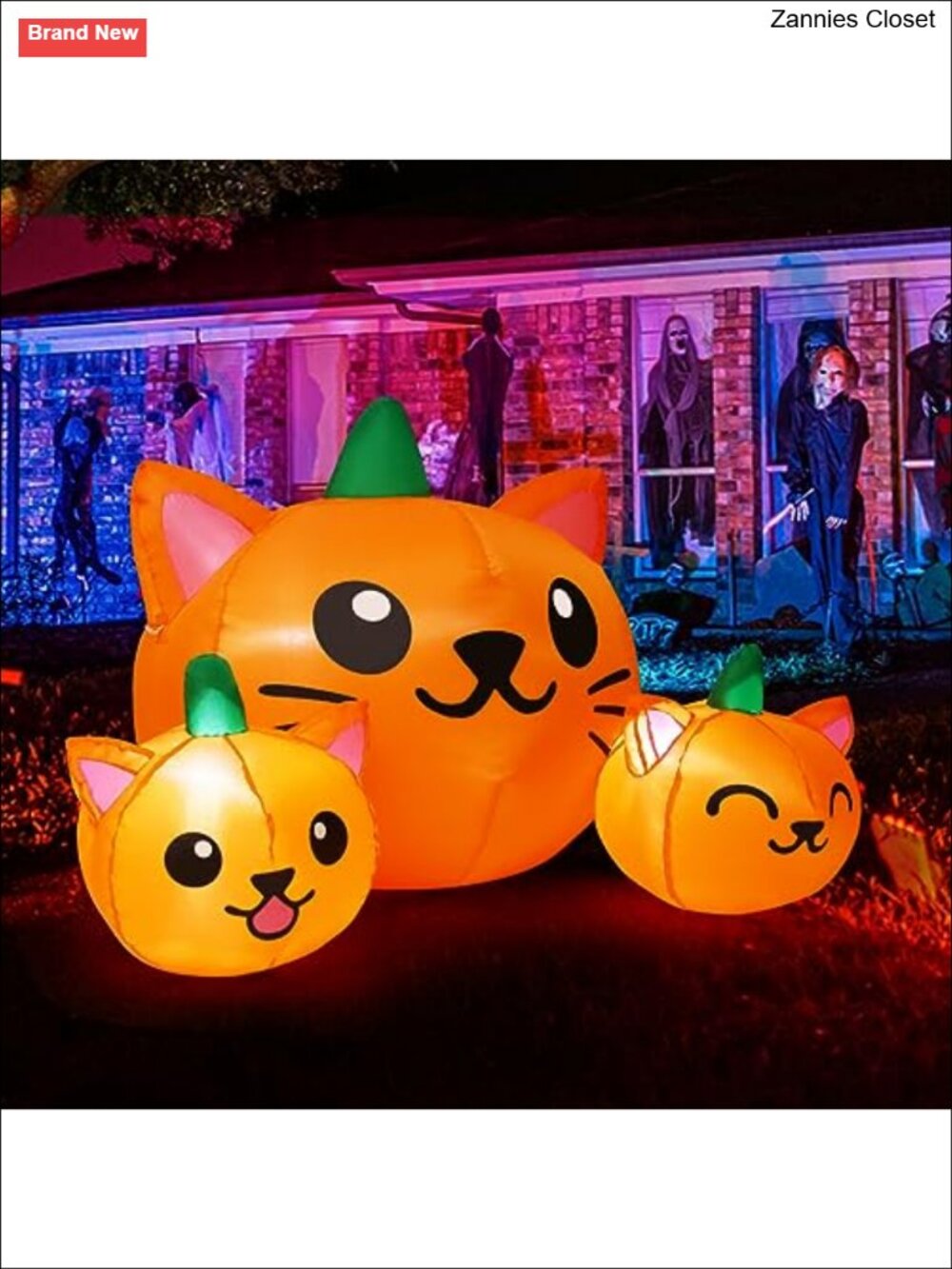 5FT Halloween Inflatable Three Pumpkin Cat Head Combo Built-in LEDs Yard Decor